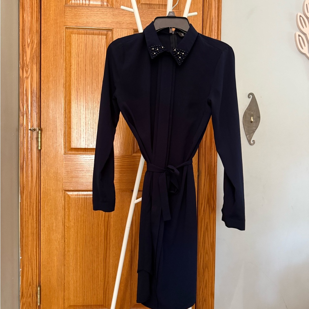 Elegant Navy Blue Dress with Embellished Collar